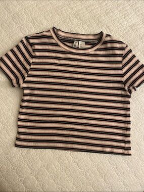Divided Striped Ribbed Crop Top in Pink, Black & White